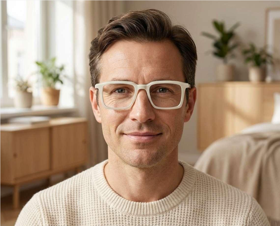 Man wearing stylish white rectangular glasses frames with a modern neutral outfit.